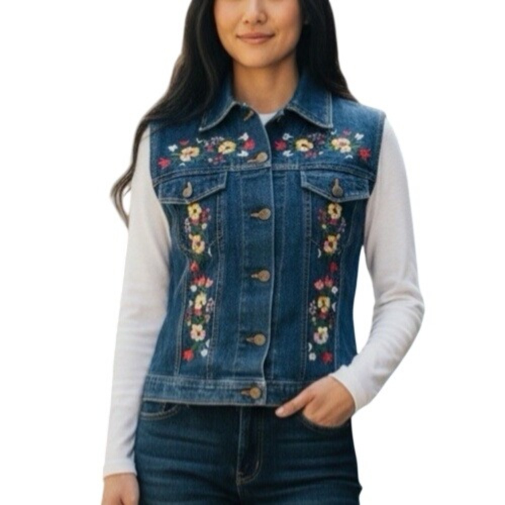 Cejon Sleeveless Jacket Women's Size M Blue Floral Embroidered Denim Cotton